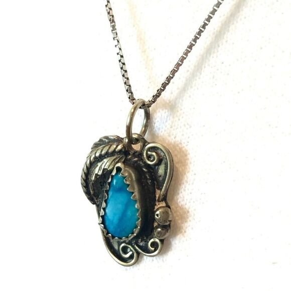 Vintage Turquoise Pendant Sterling Silver Necklace 925 18.5" Box Chain Feather - Picture 9 of 12